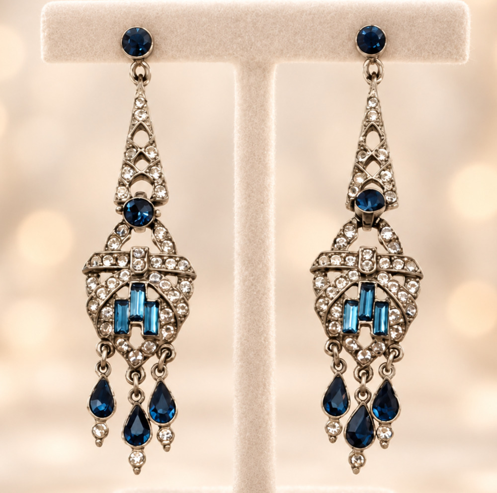 Vintage Ben-Amun Art Deco Revival Sapphire Blue Rhinestone Chandelier Earrings